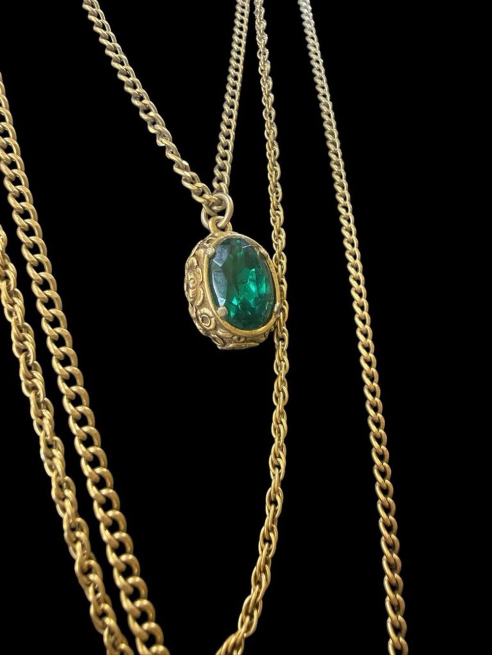 Goldette Gold Floral Green Scarab Crystal Necklace Multistrand Gold Tone Vintage